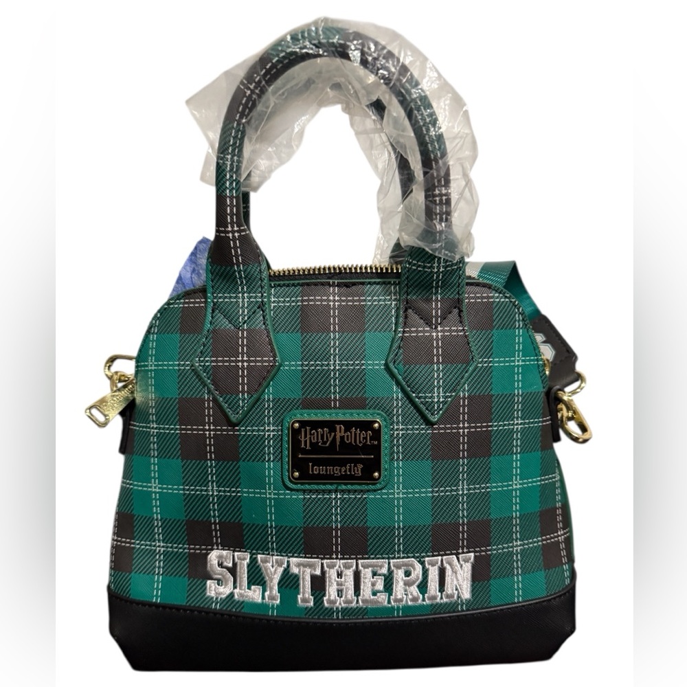 NWTS Loungefly Harry Potter Slytherin Patch Varsity Plaid Crossbody Bag, Multi - Picture 3 of 12